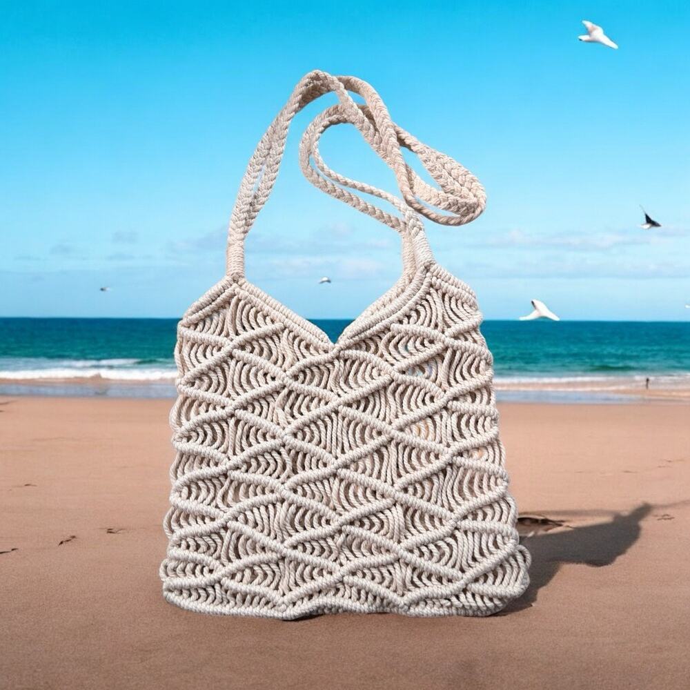 Macramé Purse Bag Handbag Woven Crochet Hippie Boho Cream Beach Handmade Cotton - Picture 2 of 4